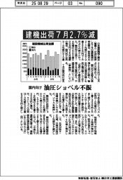 7月の建機出荷2・7%減 国内向け油圧ショベル不振