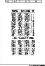 株続落、一時800円超下げ FRB議長発言に警戒感