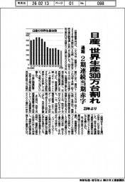日産、世界生産23年ぶり300万台割れ 通期2期連続当期赤字