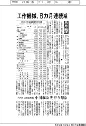 工作機械、8ヵ月連続減 8月受注 内外需で調整局面 中国市場先行き懸念