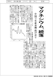 マグネシウム、続落 中国で生産余剰 投げ売り