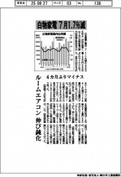 7月の白物家電国内出荷1.7%減 ルームエアコン伸び鈍化