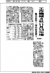 工作機械4社、11月13%増 輸出底堅く 国内低迷補う