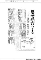 大企業景況感3期ぶりマイナス 1-3月、製造業が悪化