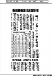 射出機受注１１月２３％増　輸出、小型・中小型が伸長