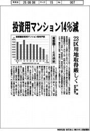 不動産経済研究所　首都圏１―６月供給　投資用マンション１４％減、２３区用地取得厳しく