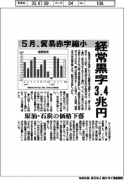 経常黒字３．４兆円　５月貿易赤字縮小　原油・石炭の価格下落