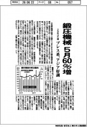 日本鍛圧機械工業会、５月６０％増　２カ月ぶり増　プレス系アジア好調