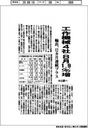 工作機械４社、８月１．９％増　輸出、１２カ月連続プラス　本社調べ