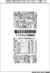 １０月の輸入ＥＶ３４％増　テスラ中心に好調維持