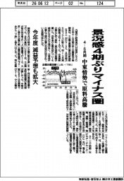 景況感４期ぶりマイナス圏　４－６月期　中東情勢で原料高騰　