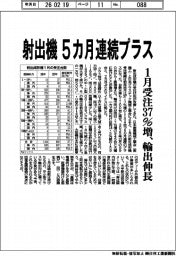 射出機５カ月連続プラス　１月受注３７％増、輸出伸長