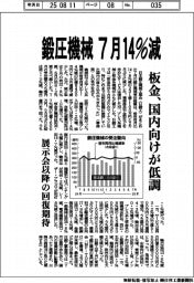 鍛圧機械７月１４％減　板金、国内向けが低調　