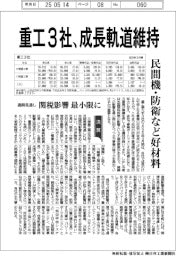 重工３社、成長軌道維持　通期見通し、民間機・防衛など好材料