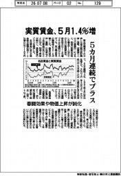 実質賃金、５月１・４％増　５カ月連続でプラス　春闘効果や物価上昇が鈍化
