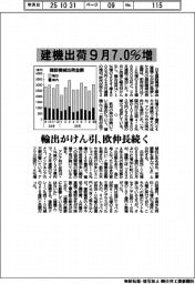 9月の建機出荷７．０％増　輸出がけん引、欧伸長続く