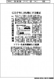 ＧＤＰ年１・８％増に下方修正　１－３月期改定値　民間設備投資減速