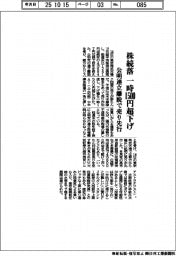株続落　一時１５００円超下げ　公明連立離脱で売り先行