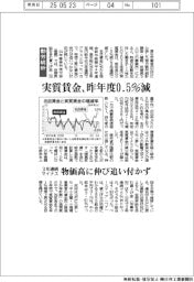 実質賃金、昨年度０.５％減　３年連続マイナス、物価高に伸び追いつかず