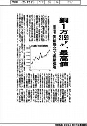 銅国際相場１万２１５９ドル、最高値　供給懸念で需給逼迫