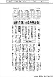 塗料３社、増収営業増益　工業・建築向け堅調　Ｍ＆Ａ効果も