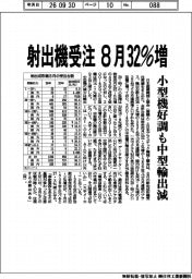 射出機受注、８月３２％増　小型機好調も中型輸出減