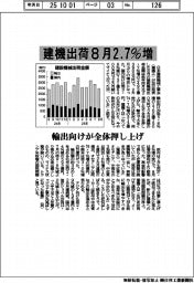 ８月の建機出荷２・７％増　輸出向けが全体押し上げ