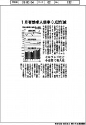 １月有効求人倍率、０・０２ポイント減　セルフレジなど小売業で省人化
