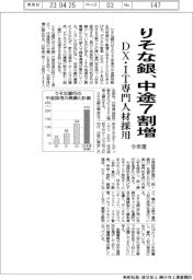 りそな銀、今年度の中途７割増　ＤＸ・ＩＴ専門人材採用