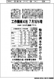 工作機械４社、７月１６％増　１４カ月連続プラス　本社調べ