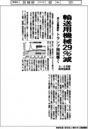 法人企業統計　４―６月期経常益最高も　輸送用機械29％減　トランプ関税響く　