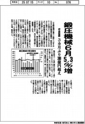 鍛圧機械6月5.3%増 3カ月ぶり300億円超え 板金が堅調